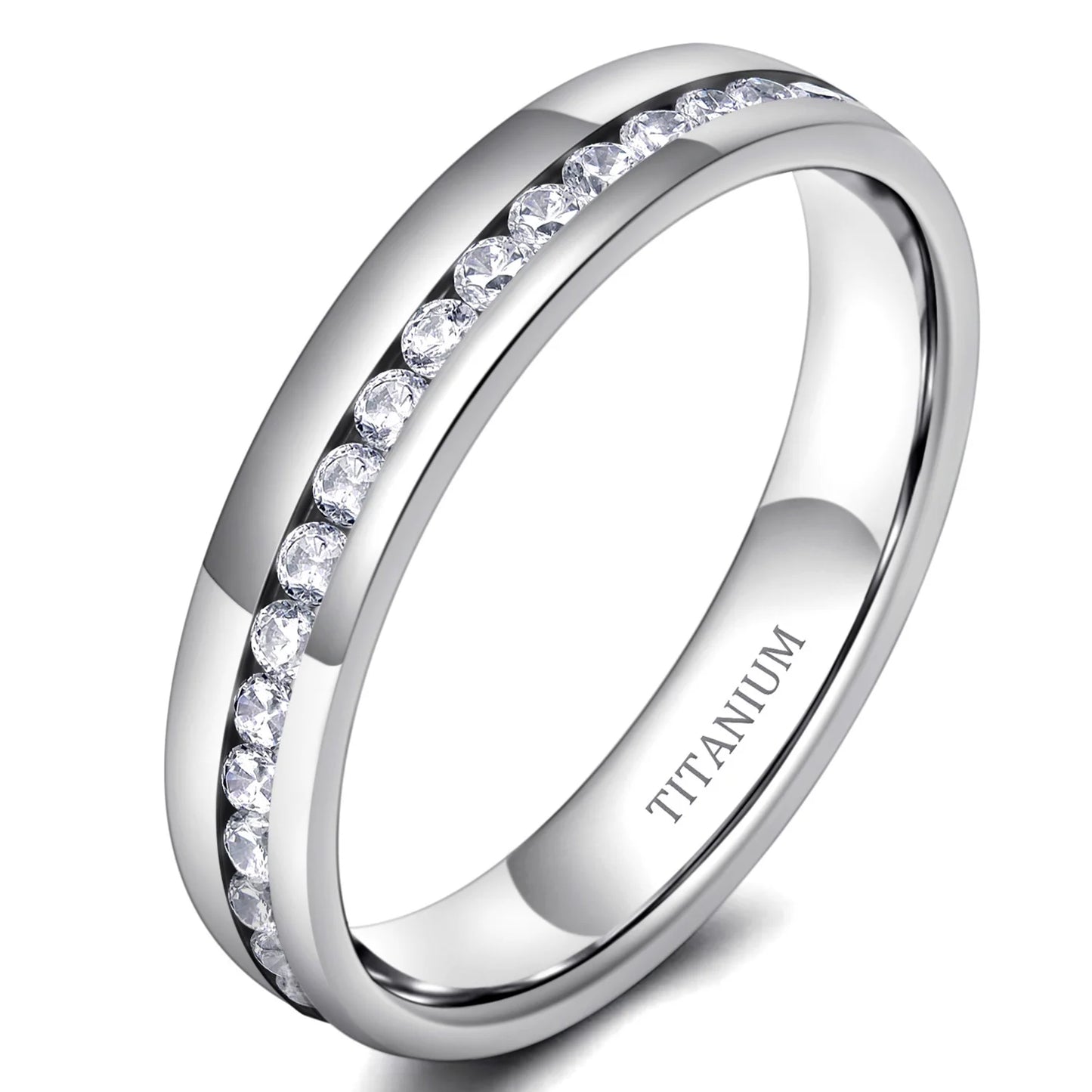 4mm Silver Full Eternity Cubic Zirconia Titanium Ring for Engagement Promise Gift Band for Women