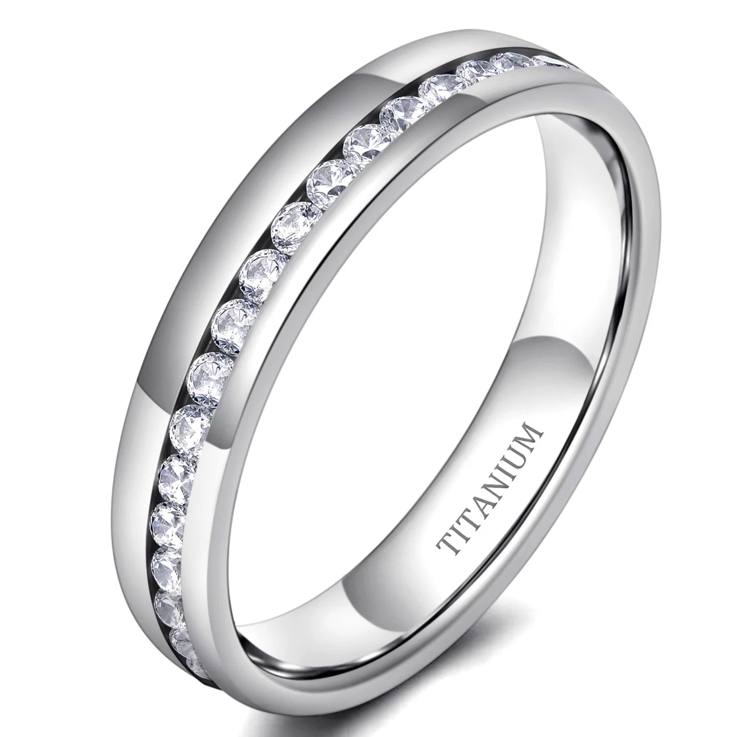 4mm Silver Full Eternity Cubic Zirconia Titanium Ring for Engagement Promise Gift Band for Women