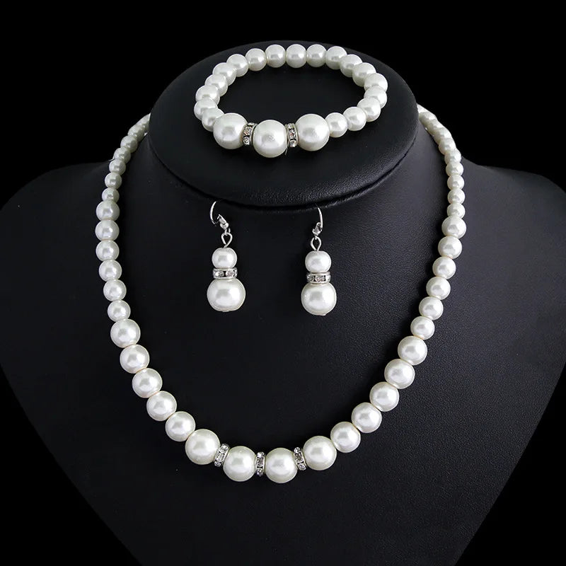 White Pearl Jewelry Set Necklace Earrings and Bracelet for Women
