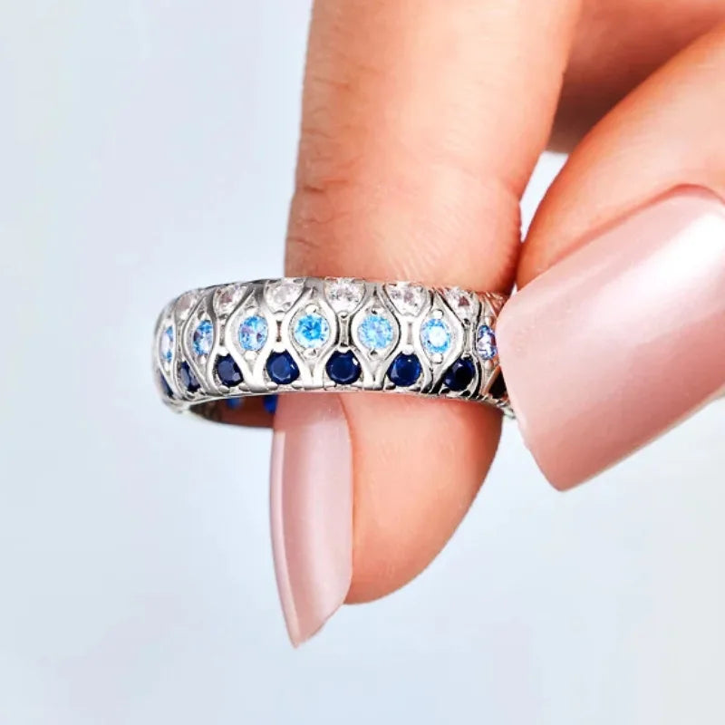 Circle Design White/Blue/Sea Blue Shiny Zircon Eternity Band Rings for Bridal Wedding Silver Plated