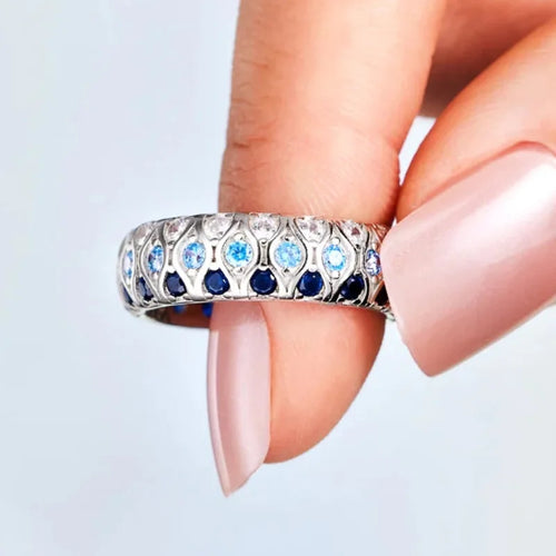 Load image 1 in gallery view. Circle Design White/Blue/Sea Blue Shiny Zircon Eternity Band Rings for Bridal Wedding Silver Plated