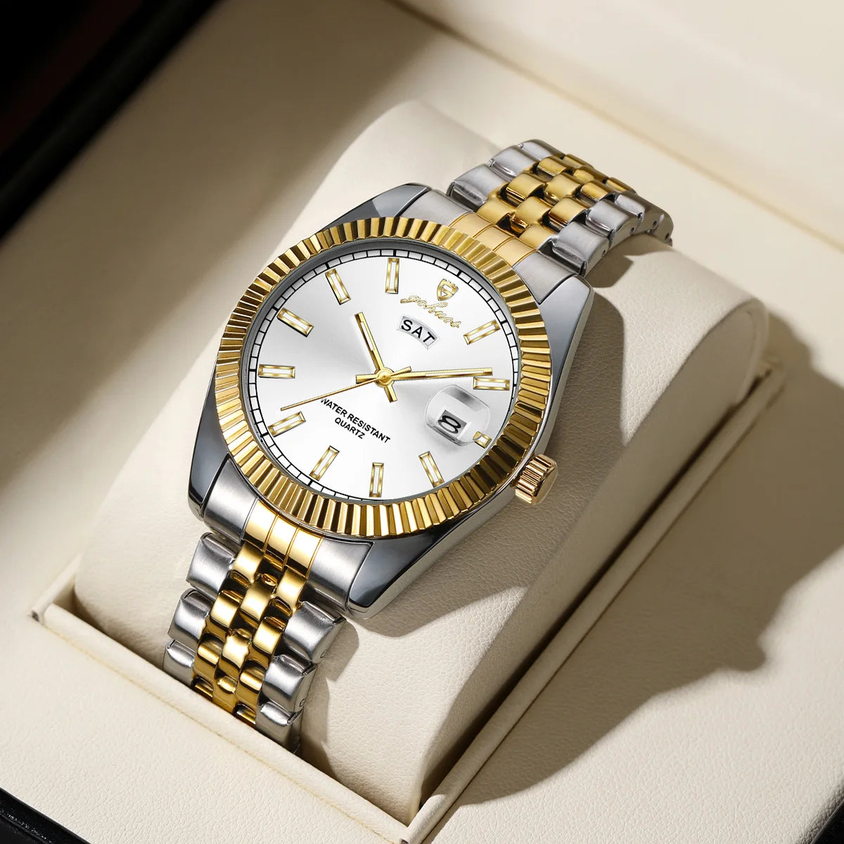 Quartz Men Watch 30M Waterproof Stainless Steel White Dial Silver Gold Strap