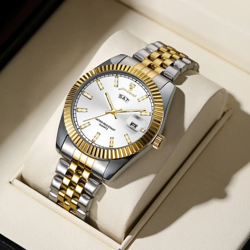 Load image 1 in gallery view. Quartz Men Watch 30M Waterproof Stainless Steel White Dial Silver Gold Strap