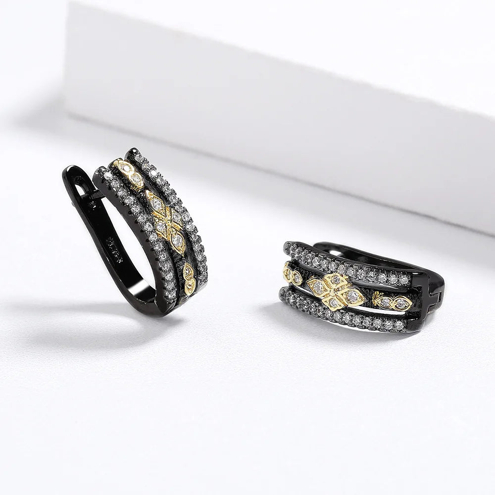 Vintage Antique Black Rhodium Plated Zircon Stud Earrings for Women Geometric Shape