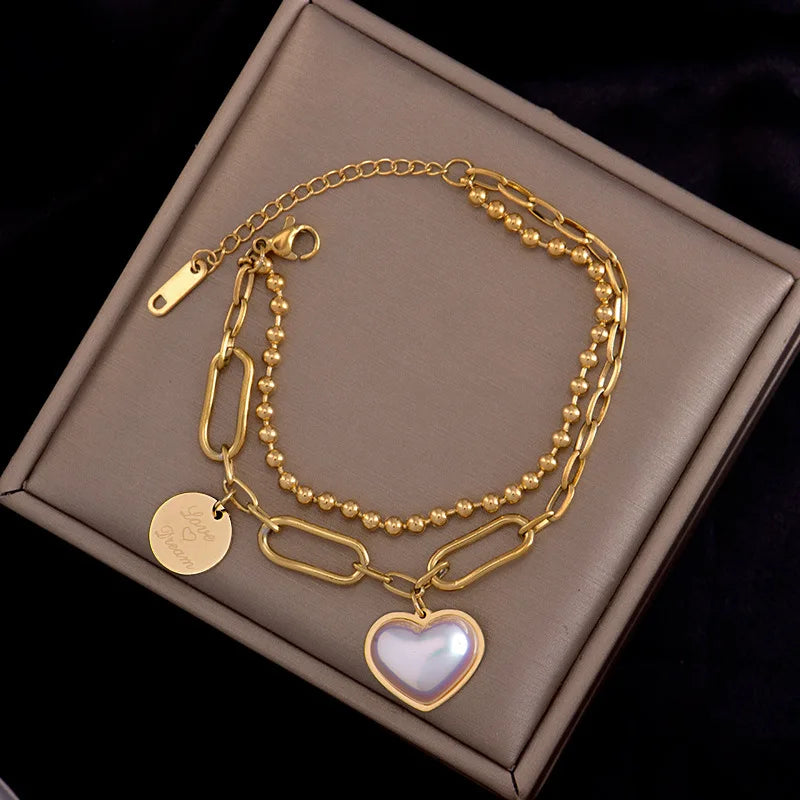 18K Gold Plated  Double Layered White Pearl Heart Bracelet