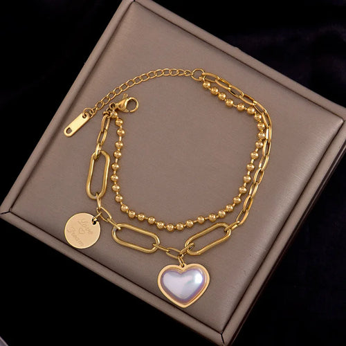 Load image 1 in gallery view. 18K Gold Plated  Double Layered White Pearl Heart Bracelet