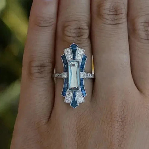 Design Rectangle Shiny Blue Crystal Zircon Silver Plated Rings for Women