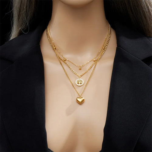 Load image 1 in gallery view. Gold Plated Round Sign Heart Tree of Life Pendant Multi-layer Necklace
