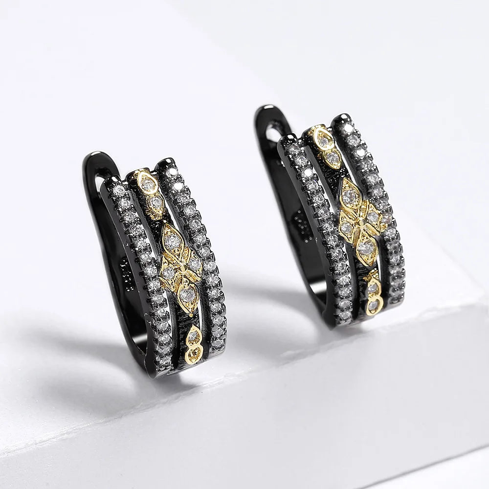 Vintage Antique Black Rhodium Plated Zircon Stud Earrings for Women Geometric Shape