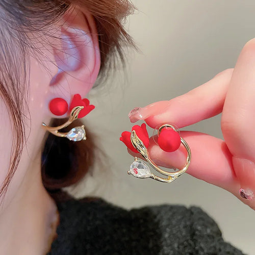 Load image 1 in gallery view. Gold Plated Diamond Earrings Crystal Ginkgo Red Flower Pearl Tulip Stud Earrings