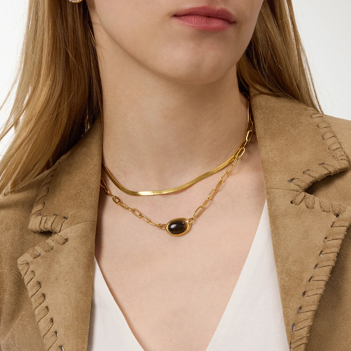 18K PVD Gold Plate Classic Vintage Tiger Eye Stone Clip Chain Necklace