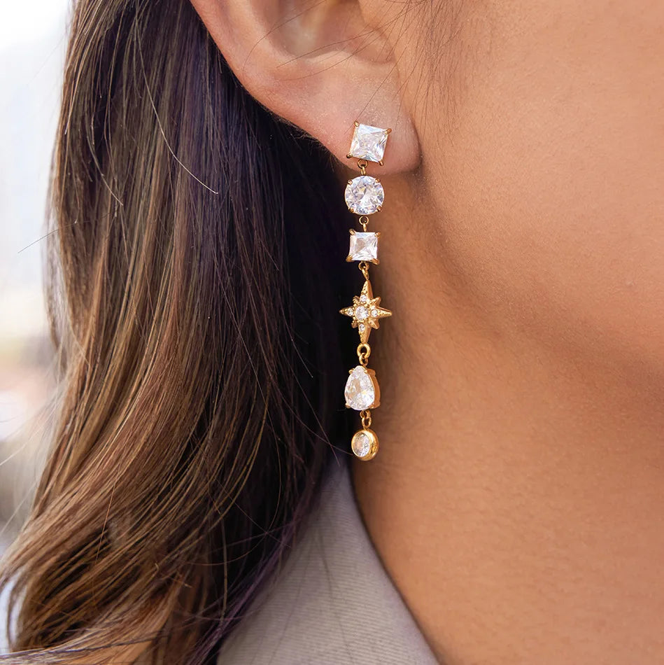 North Star Geometric Stone Zircon Tassel Tarnish Free Earrings 18K Gold Plated