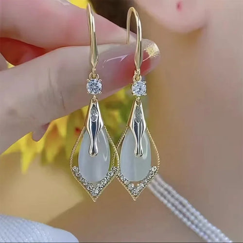 Load image 1 in gallery view. Long Drop Pendant Dangling Earrings Geometric Diamond Studded Cat Eye Stone Earrings