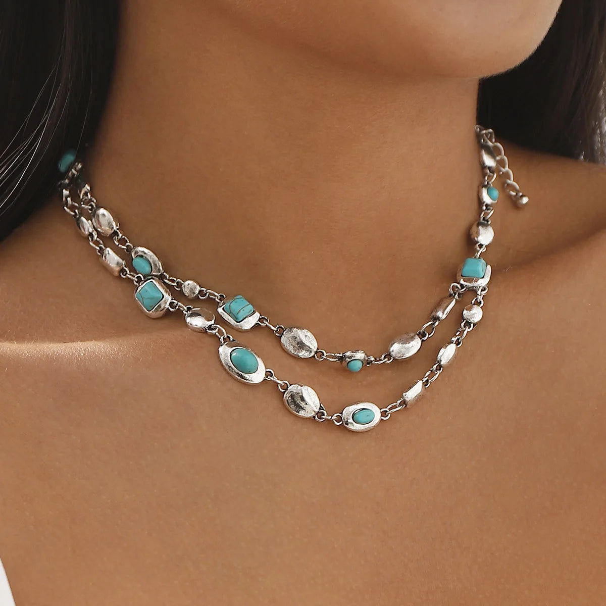 Double-Layer Diamond-Encrusted Necklace Aged Neckband with Exquisite Beads Chain for Girlish Look