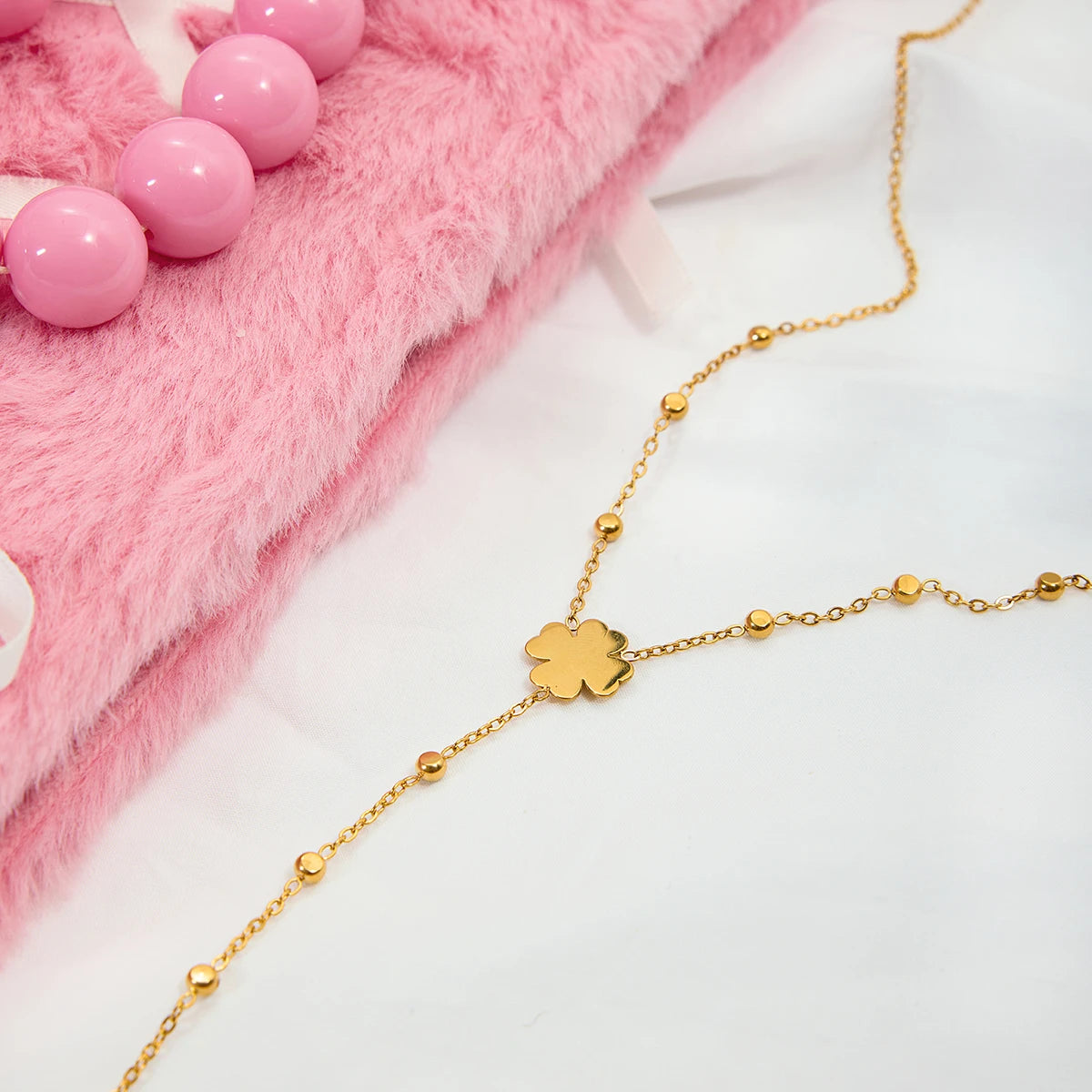 18K Gold Plated Necklace Classic Four-leaf Clover Bead Zircon Y-shaped Necklace