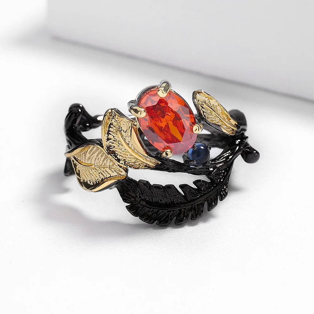 Vintage Antique Black Gold Red Zirconia Ring for Women Rhodium Plated