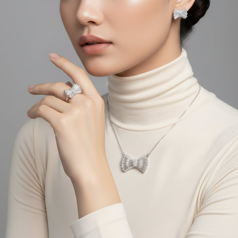 Minimalist Bowknot Zircon Platinum Plated Jewelry Set