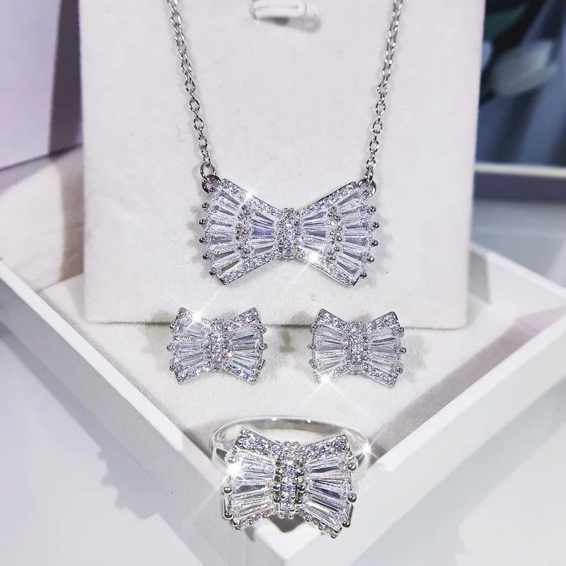 Minimalist Bowknot Zircon Platinum Plated Jewelry Set