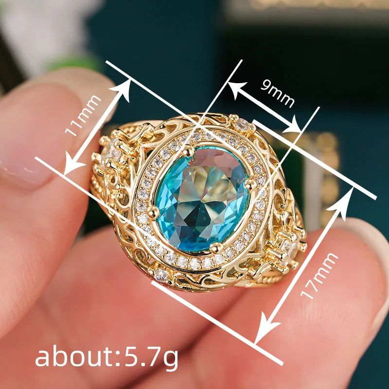 Luxury Oval Shaped Blue Sparkling Zircon Pattern Hollow Design Gold Color Plated Rings for Women Wedding CZ Rings Jewelry