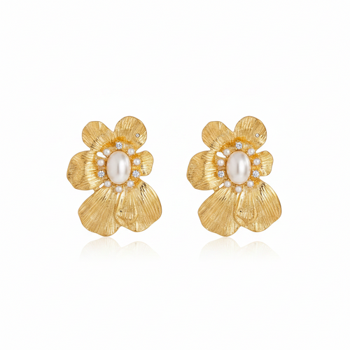Load image 1 in gallery view. Gold flower-shaped earring with a pearl center on a white background