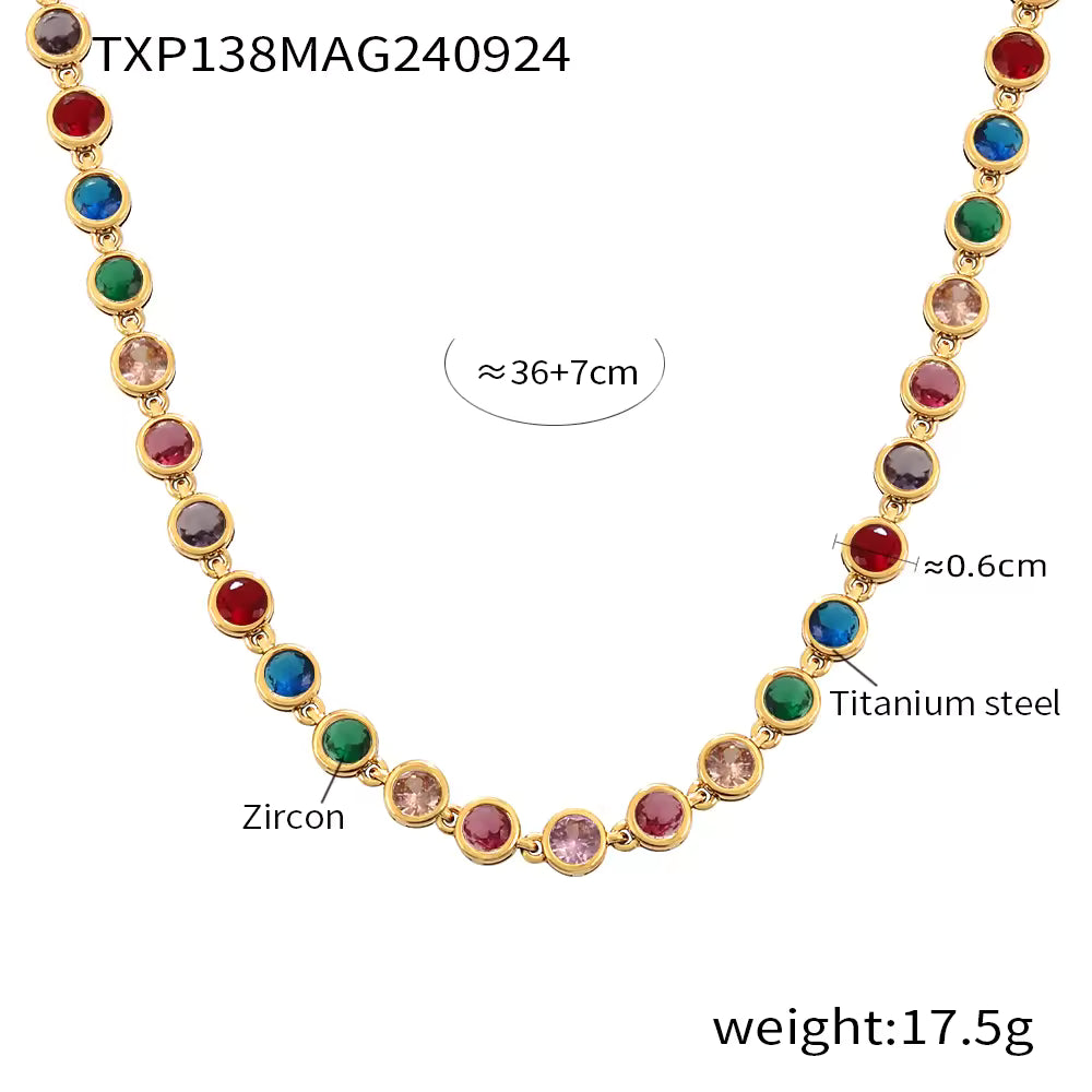 18K Gold Bead Zircon Tennis Chain Necklace in Pink, Red, Multi, Green, Blue, Golden