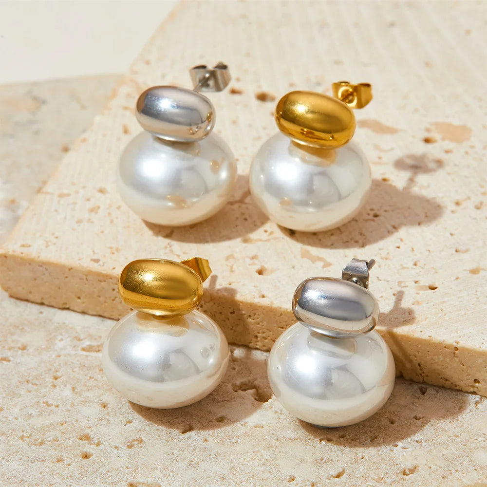 Gold Plated Oval Bead Imitation Pearl Stud Earrings Trendy Jewelry for Anniversary
