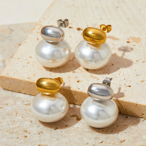 Load image 1 in gallery view. Gold Plated Oval Bead Imitation Pearl Stud Earrings Trendy Jewelry for Anniversary