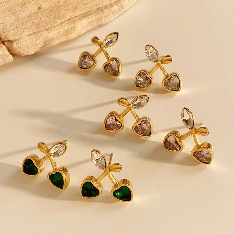 Gold Plated Stud Zircon Earrings Heart shaped Zircon