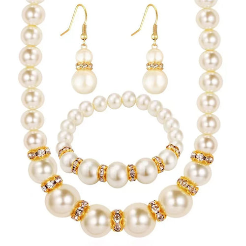 Load image 1 in gallery view. Gold Plated White Pearl Jewelry Set Necklace Earrings and Bracelet for Women