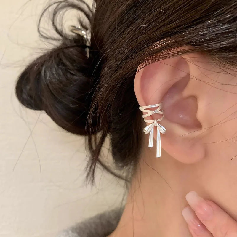 White Ribbon Ear Bone Clip Earrings