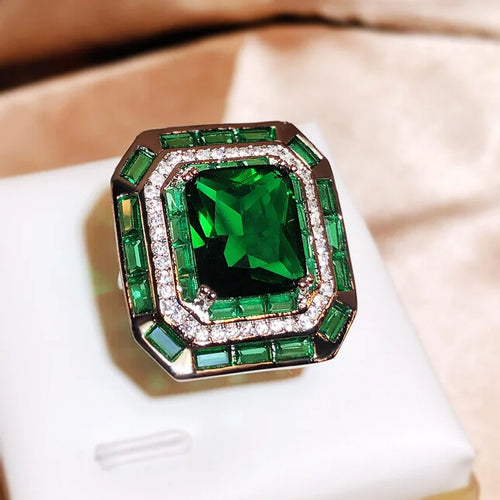 Load image 1 in gallery view. Geometric Shape Green Big Zircon Ring and Necklace