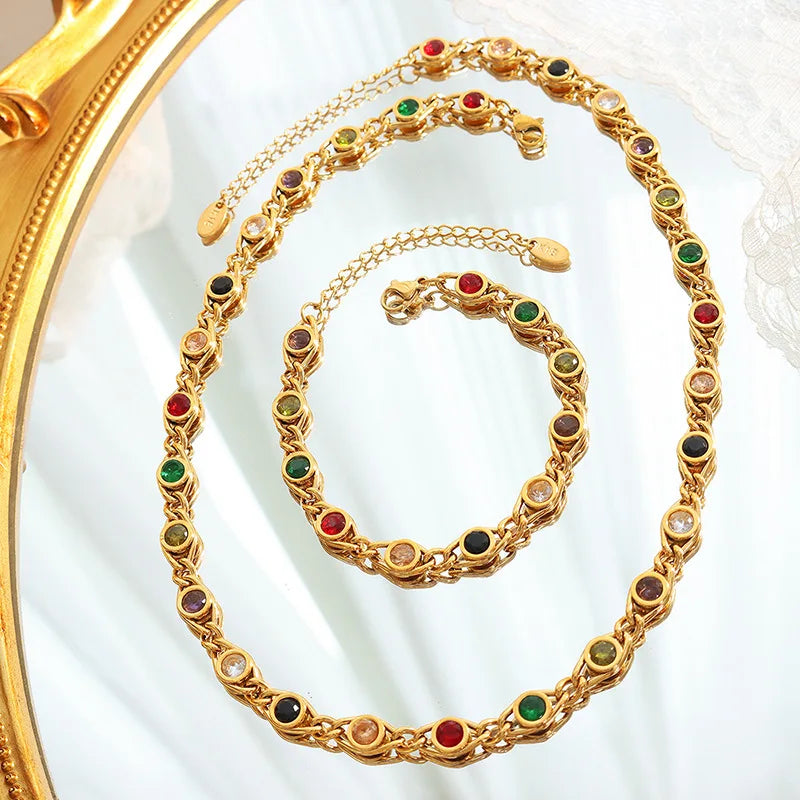 18K Gold Plated Titanium Steel U-Shape Choker Necklace Minimalist French Retro Style Zircon Pearl