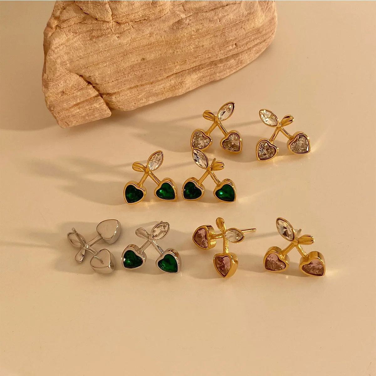 Gold Plated Stud Zircon Earrings Heart shaped Zircon