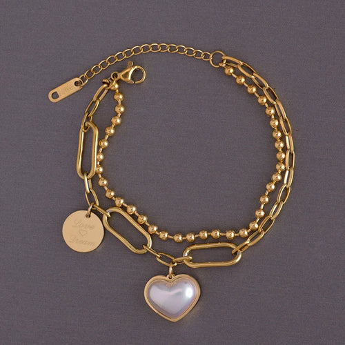 Load image 1 in gallery view. 18K Gold Plated  Double Layered White Pearl Heart Bracelet