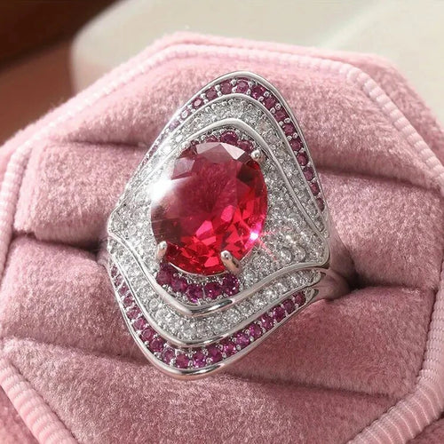 Load image 1 in gallery view. Silver Plated Exquisite Oval Shaped Design Red/Pink Brilliant Cubic Zirconia Wide Rings