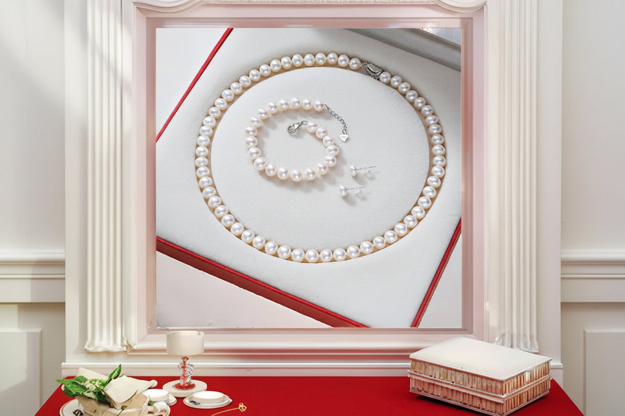 Pearl Jewelry Set 3PCS Necklace Earrings Bracelet Bridal Gift Women