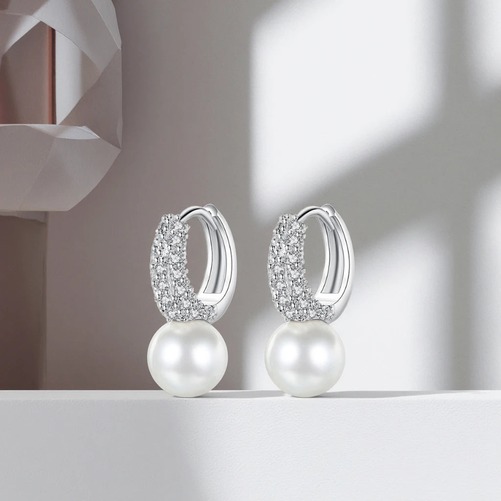 Pearl Clip-On Hoop Dangle Zircon Earring Cute for  Women