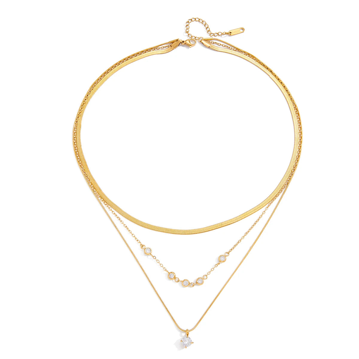 Gold Plating Three Layers Round Flat Snake Chain Necklace