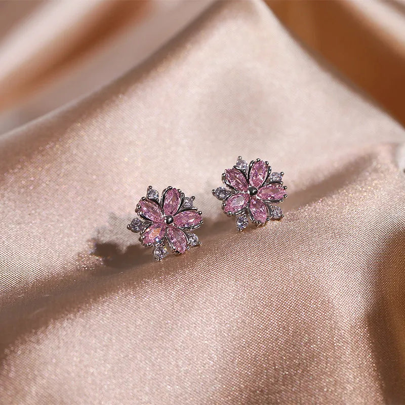 Pink Zircon Flower Shape Necklaces Set For Women Platinum Plated