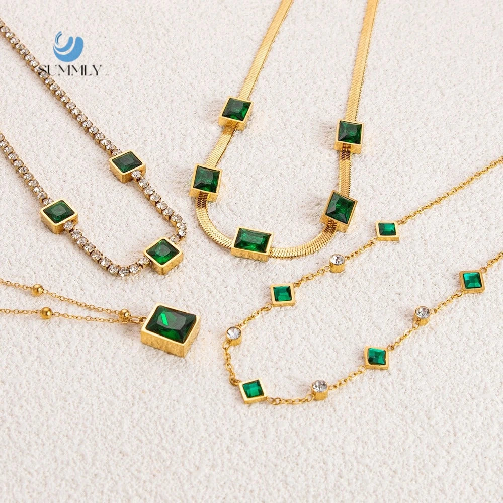 18K Gold Plated  Emerald Zircon Snake Chain Necklace for Women