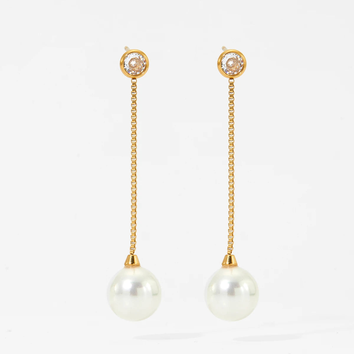 Gold and Silver Plated Pearl Zircon Drop Earrings Stainless Steel Waterproof Non-Tarnish Chain