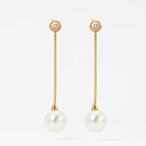 Load image 1 in gallery view. Gold and Silver Plated Pearl Zircon Drop Earrings Stainless Steel Waterproof Non-Tarnish Chain