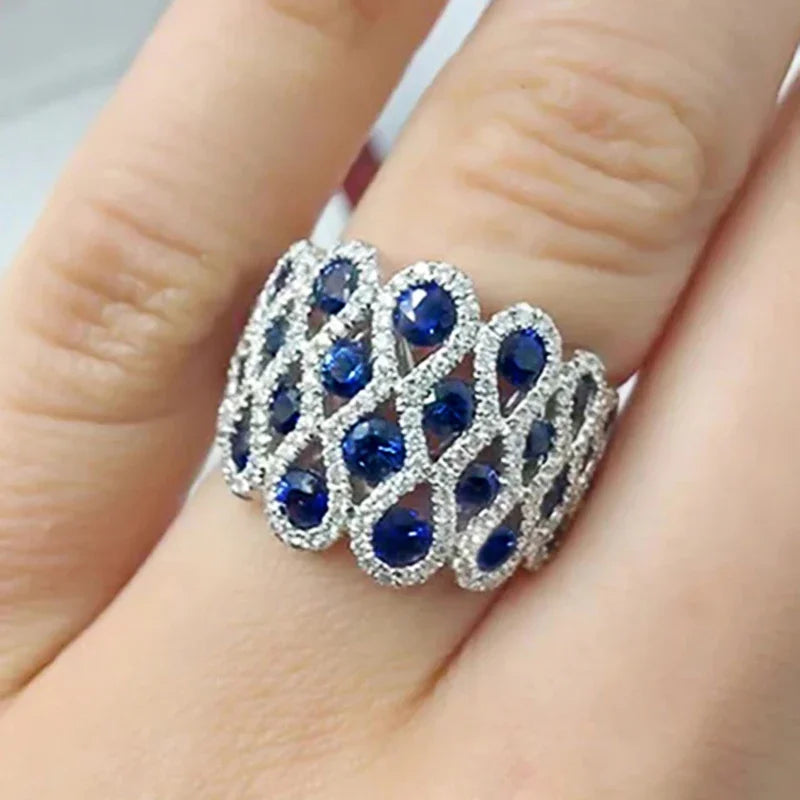 Dainty Geometric Hollow Design Inlaid Blue Zircon Wide Rings for Women Engagement Silver Color Plated Jewelry Rings
