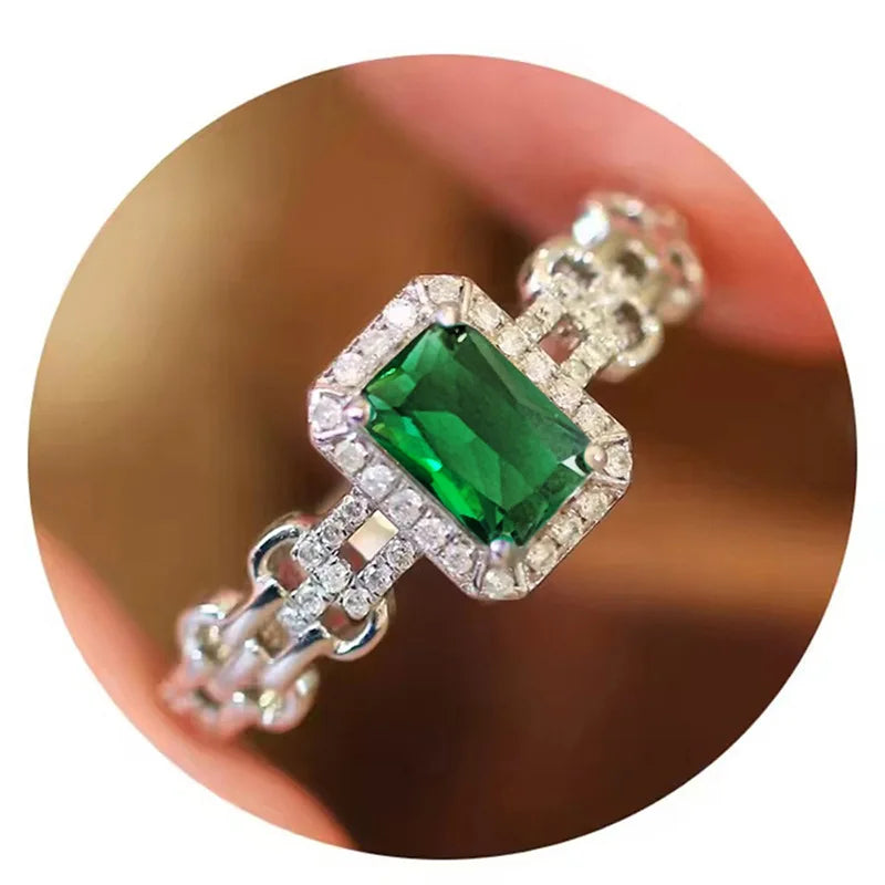 Silver Plated Zircon Green Crystal Rings for Engagement Wedding for Women