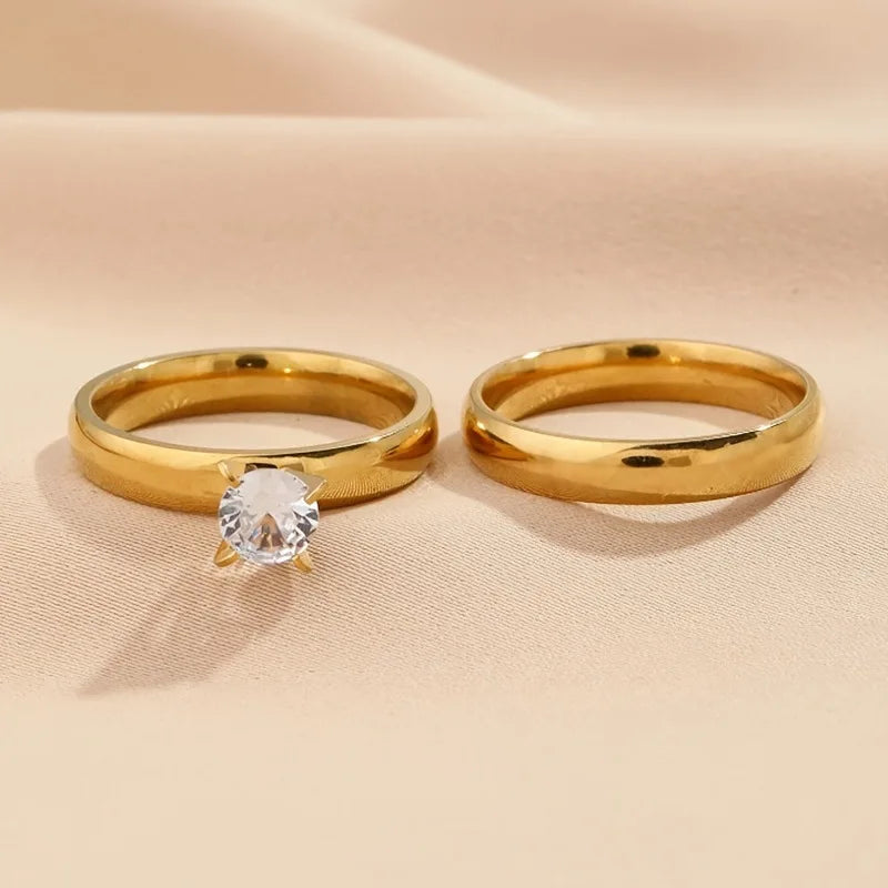 Four Claw Zircon Smooth Ring Gold-color Plated Two-piece