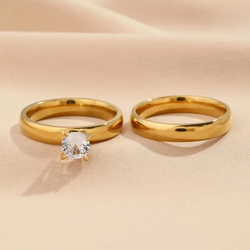 Load image 1 in gallery view. Four Claw Zircon Smooth Ring Gold-color Plated Two-piece