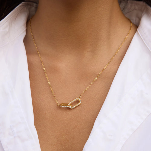 Load image 1 in gallery view. 18K Gold Plate Necklace Classic Zircon Oval Geometric Interlocking Pendant Woman and Kids
