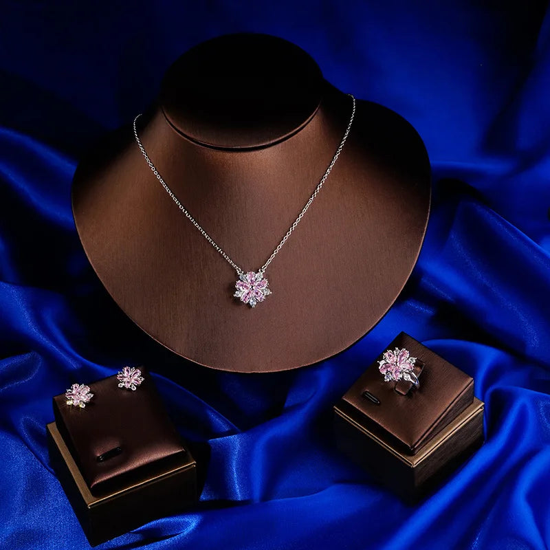 Pink Zircon Flower Shape Necklaces Set For Women Platinum Plated
