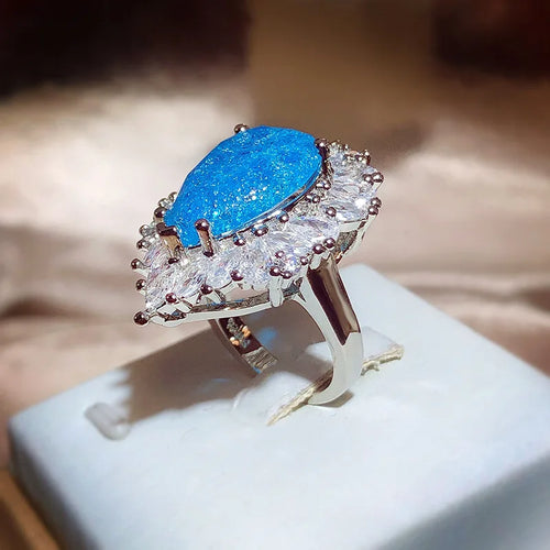 Load image 1 in gallery view. Luxurious Ring Resizable Water Drop Shape Shining Blue Stone with Princess Cut Design