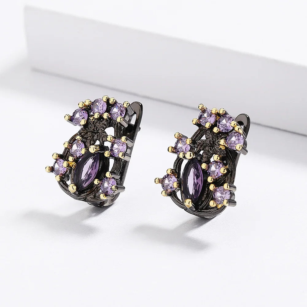 Vintage Unique Twig Black Plated Hollow Purple Zircon Antique Earrings for Women